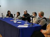 Mesa redonda en la Universidad Católica del Maule, Talca, 25 de mayo de 2022, de izq.: Evelyn Hevia, Myrna Troncoso, Johan Cisternas, Gabriel Rodriguez, Harald Lindemann, Jo Siemon