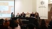 Mesa redonda en la Universidad Alberto Hurtado en Santiago, 23 de mayo de 2022, de der.: Jo Siemon, Winfried Hempel, Luis Peebles, Eduardo Salvo, Ana Molina, Evelyn Hevia